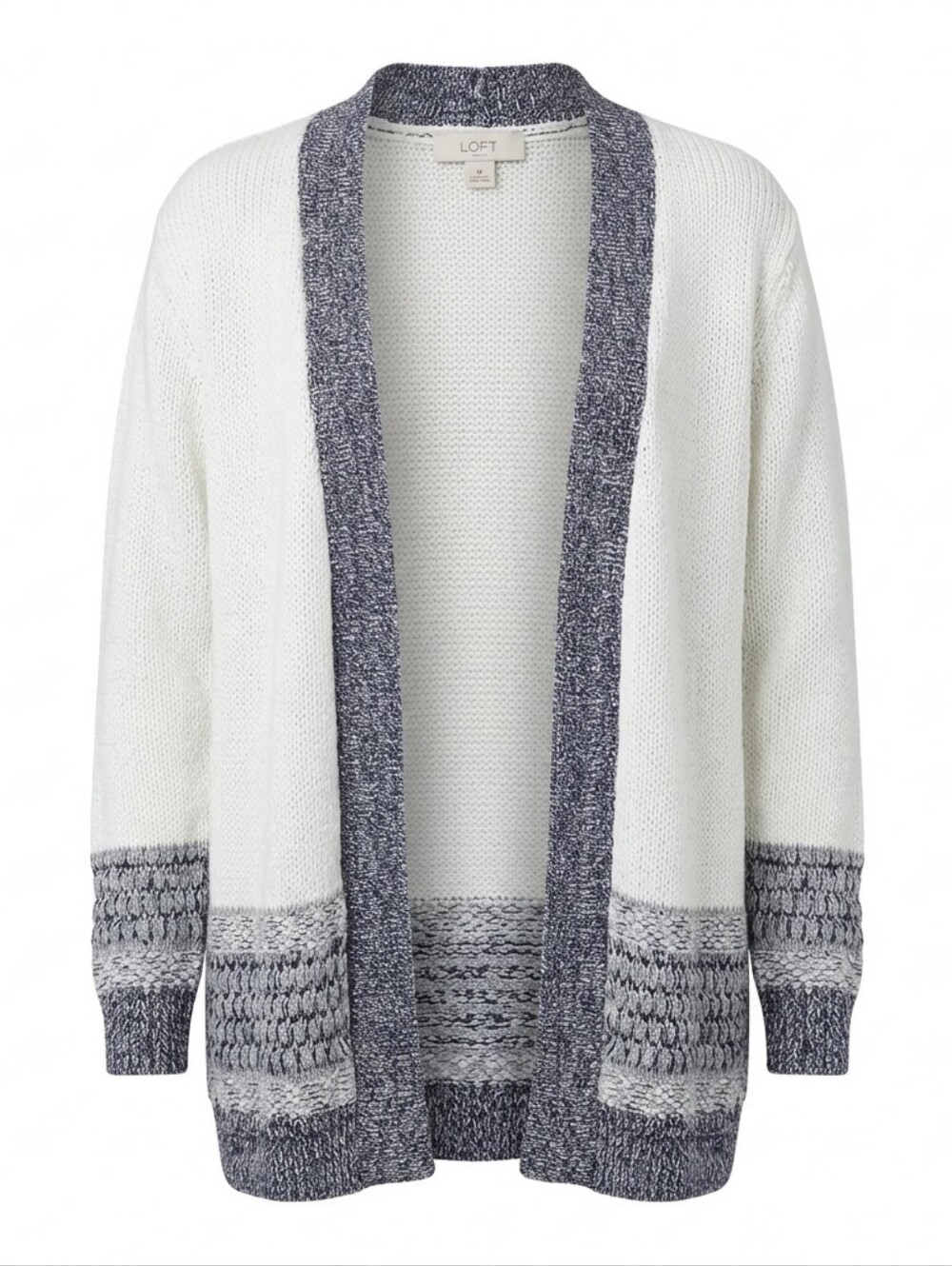 LOFT Outlet Duster Cardigan Medium Cotton Blue White Grandmillennial Cozy Knit